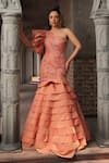 Buy_Label Astha Chhabra_Peach Taffeta Hand Embroidered Leaf Asymmetric Gown _at_Aza_Fashions