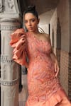 Buy_Label Astha Chhabra_Peach Taffeta Hand Embroidered Leaf Asymmetric Gown _Online_at_Aza_Fashions