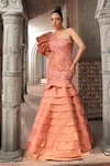 Label Astha Chhabra_Peach Taffeta Hand Embroidered Leaf Asymmetric Gown _at_Aza_Fashions