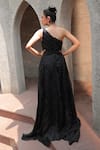 Shop_Label Astha Chhabra_Black Organza Hand Embroidered Cutdana Asymmetric Pleat Gown With Trail _at_Aza_Fashions