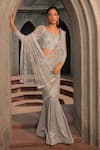 Buy_Label Astha Chhabra_Silver Net Hand Embroidered Pearl Leaf Pre-draped Saree With Blouse _at_Aza_Fashions