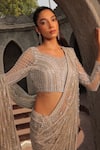 Buy_Label Astha Chhabra_Silver Net Hand Embroidered Pearl Leaf Pre-draped Saree With Blouse _Online_at_Aza_Fashions