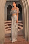 Shop_Label Astha Chhabra_Silver Organza Hand Embroidered Bead Sweetheart Draped Dhoti Skirt With Blouse _Online_at_Aza_Fashions