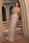 Label Astha Chhabra_Silver Organza Hand Embroidered Bead Sweetheart Draped Dhoti Skirt With Blouse _at_Aza_Fashions