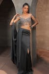 Buy_Label Astha Chhabra_Grey Satin Georgette Hand Embroidered High Slit Pre-draped Saree With Blouse _at_Aza_Fashions