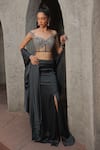 Shop_Label Astha Chhabra_Grey Satin Georgette Hand Embroidered High Slit Pre-draped Saree With Blouse _at_Aza_Fashions