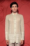 Buy_Jubinav Chadha_Green Georgette Embroidered Thread Geomatic Chikankari Work Short Kurta _Online_at_Aza_Fashions