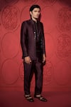 Jubinav Chadha_Wine Silk Chanderi Embroidery Beads Mirror Jacket And Pant Set _at_Aza_Fashions