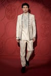 Buy_Jubinav Chadha_White Silk Chanderi Embroidery Beads Thread Jacket And Pant Set _at_Aza_Fashions