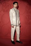 Jubinav Chadha_White Silk Chanderi Embroidery Beads Thread Jacket And Pant Set _Online_at_Aza_Fashions