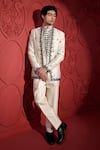 Jubinav Chadha_White Silk Chanderi Embroidery Beads Thread Jacket And Pant Set _at_Aza_Fashions