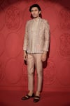 Buy_Jubinav Chadha_Rose Gold Silk Chanderi Embroidery Floral Pearl Jacket And Pant Set _at_Aza_Fashions