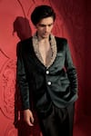 Shop_Jubinav Chadha_Green Velvet Embroidery Shells Shawl Collar Blazer With Pant _Online_at_Aza_Fashions