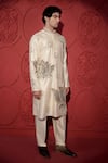 Jubinav Chadha_White Chanderi Embroidery Lotus Pearl Kurta With Pant _at_Aza_Fashions