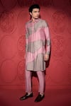 Shop_Jubinav Chadha_Pink Kattan Silk Embroidery Beads Color Block Kurta With Pant _Online_at_Aza_Fashions