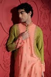 Jubinav Chadha_Green Kattan Silk Embroidery Resham Color Block Kurta With Pant _Online_at_Aza_Fashions