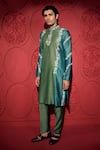 Buy_Jubinav Chadha_Blue Silk Chanderi Embroidery Floral Resham Color Block Kurta With Pant _Online_at_Aza_Fashions