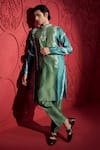 Jubinav Chadha_Blue Silk Chanderi Embroidery Floral Resham Color Block Kurta With Pant _at_Aza_Fashions