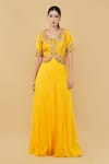 Buy_Nidhi Kejriwal_Yellow Georgette Embroidery Floral V Neck Short Jacket With Palazzo _at_Aza_Fashions