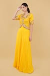 Nidhi Kejriwal_Yellow Georgette Embroidery Floral V Neck Short Jacket With Palazzo _Online_at_Aza_Fashions