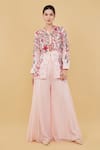 Buy_Nidhi Kejriwal_Pink Self Chanderi Embroidery Floral Garden Notched Neck Tunic With Palazzo _at_Aza_Fashions