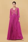 Nidhi Kejriwal_Pink Silk Embroidery Kashmiri Paisley V Neck Anarkali With Dupatta _Online_at_Aza_Fashions