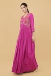 Buy_Nidhi Kejriwal_Pink Silk Embroidery Kashmiri Paisley V Neck Anarkali With Dupatta _Online_at_Aza_Fashions