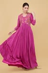 Shop_Nidhi Kejriwal_Pink Silk Embroidery Kashmiri Paisley V Neck Anarkali With Dupatta _Online_at_Aza_Fashions