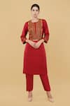 Buy_Nidhi Kejriwal_Red Silk Embroidery Metal Coin Round Neck Tribal Kurta With Salwar _at_Aza_Fashions