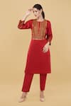 Buy_Nidhi Kejriwal_Red Silk Embroidery Metal Coin Round Neck Tribal Kurta With Salwar _Online_at_Aza_Fashions