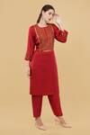 Shop_Nidhi Kejriwal_Red Silk Embroidery Metal Coin Round Neck Tribal Kurta With Salwar _Online_at_Aza_Fashions