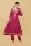 Buy_Nidhi Kejriwal_Pink Dupian Silk Embroidery Floral V Neck Yoke Kurta With Pant _at_Aza_Fashions