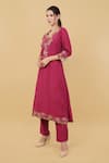 Nidhi Kejriwal_Pink Dupian Silk Embroidery Floral V Neck Yoke Kurta With Pant _Online_at_Aza_Fashions