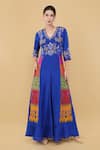 Buy_Nidhi Kejriwal_Blue Upada Silk Patch Floral V Neck Hand Embroidered Yoke Jumpsuit _at_Aza_Fashions