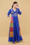 Buy_Nidhi Kejriwal_Blue Upada Silk Patch Floral V Neck Hand Embroidered Yoke Jumpsuit _Online_at_Aza_Fashions