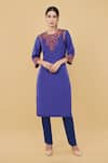 Buy_Nidhi Kejriwal_Blue Silk Embroidery Floral Round Neck Flower Yoke Kurta With Trouser _at_Aza_Fashions