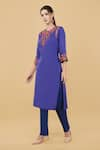 Nidhi Kejriwal_Blue Silk Embroidery Floral Round Neck Flower Yoke Kurta With Trouser _Online_at_Aza_Fashions