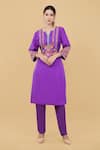 Buy_Nidhi Kejriwal_Purple Silk Embroidery Dabka Notched Neck Floral Garden Yoke Kurta With Pant _at_Aza_Fashions