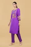 Nidhi Kejriwal_Purple Silk Embroidery Dabka Notched Neck Floral Garden Yoke Kurta With Pant _Online_at_Aza_Fashions