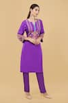 Buy_Nidhi Kejriwal_Purple Silk Embroidery Dabka Notched Neck Floral Garden Yoke Kurta With Pant _Online_at_Aza_Fashions