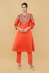 Buy_Nidhi Kejriwal_Orange Pure Silk Embroidery Floral Round Neck Patch Work Kurta With Pant _at_Aza_Fashions