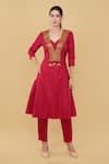 Buy_Nidhi Kejriwal_Red Silk Embroidery Metal Coin Sweetheart V Neck Kurta With Pant _at_Aza_Fashions