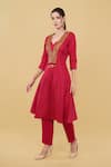 Nidhi Kejriwal_Red Silk Embroidery Metal Coin Sweetheart V Neck Kurta With Pant _Online_at_Aza_Fashions