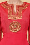 Shop_Nidhi Kejriwal_Red Satin Georgette Embroidery Metal Coin Notched Neck Yoke Anarkali _Online_at_Aza_Fashions