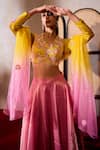 Buy_Tarini Vij_Pink Tissue Embroidery Pearl V Neck Nura Lehenga Set _Online_at_Aza_Fashions