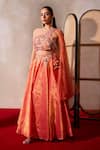 Buy_Tarini Vij_Orange Tissue Embroidery Pearl One Shoulder Rehmat Gardenia Blouse With Lehenga _at_Aza_Fashions