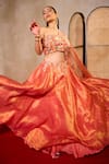 Shop_Tarini Vij_Orange Tissue Embroidery Pearl One Shoulder Rehmat Gardenia Blouse With Lehenga _at_Aza_Fashions