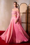 Tarini Vij_Pink Tissue Embroidery Pearl Off Shoulder Rohina Gullista Blouse And Lehenga Set _Online_at_Aza_Fashions