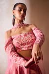 Buy_Tarini Vij_Pink Tissue Embroidery Pearl Off Shoulder Rohina Gullista Blouse And Lehenga Set _Online_at_Aza_Fashions