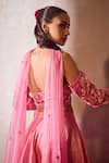 Shop_Tarini Vij_Pink Tissue Embroidery Pearl Off Shoulder Rohina Gullista Blouse And Lehenga Set _at_Aza_Fashions